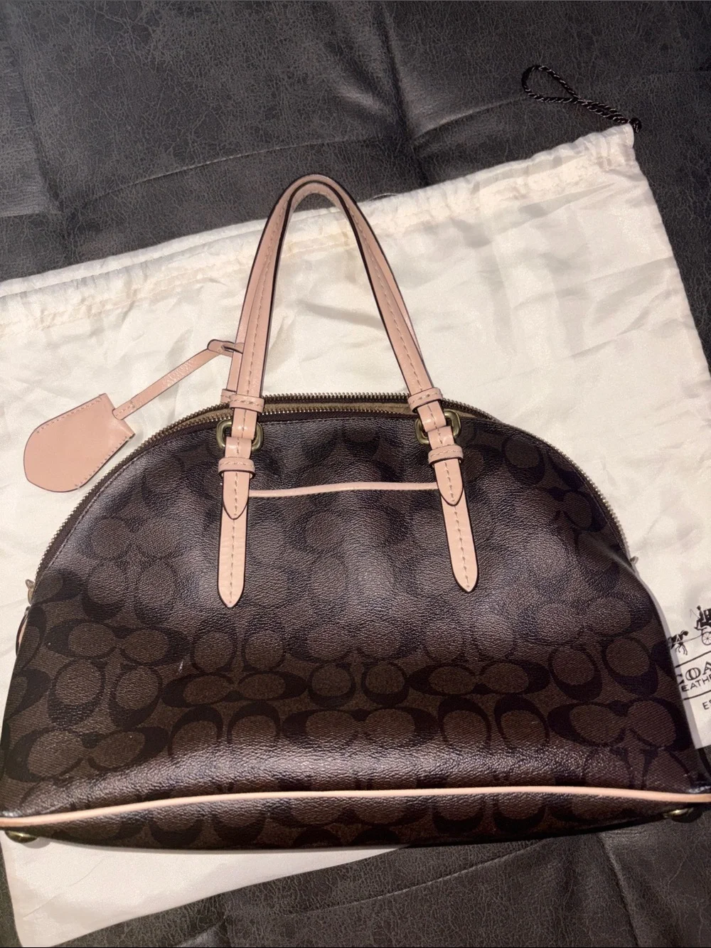 Coach Brown Signature Dome Satchel with tan Handles and Red Tag